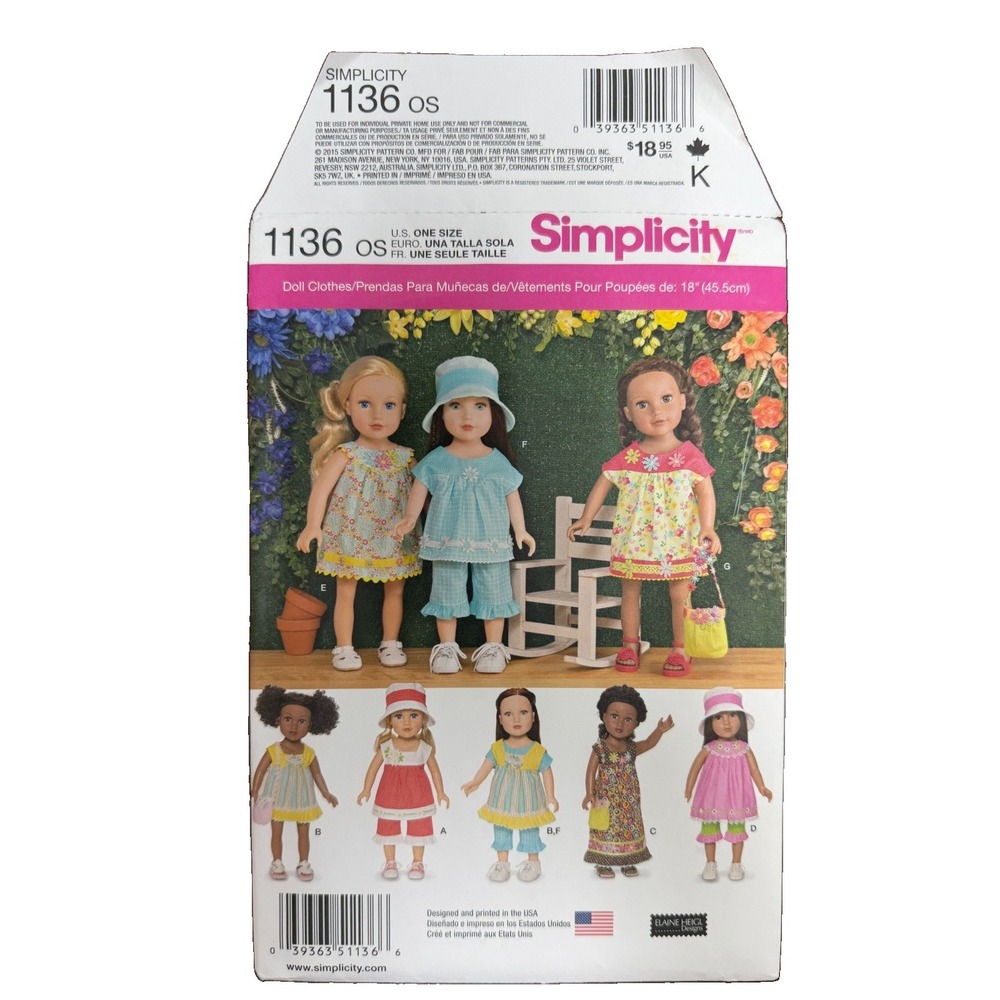 Simplicity 1136 18” Doll Clothes Sewing Pattern UNCUT Dresses Pants Hats 2015